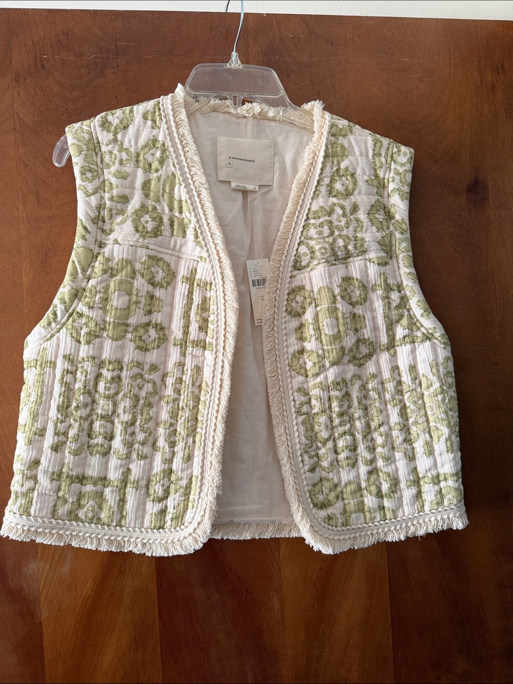 Anthropologie Cream and Sage Quilted Fringe Vest